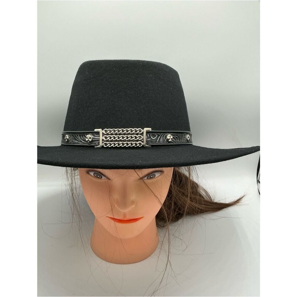 Little Joe Black Wide-Brim Felt Cowboy Hat with Silver Chain Band size L